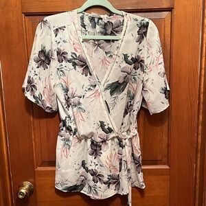 Sienna Sky Floral V-Neck Faux Wrap Blouse - Pink, White, Green and Black